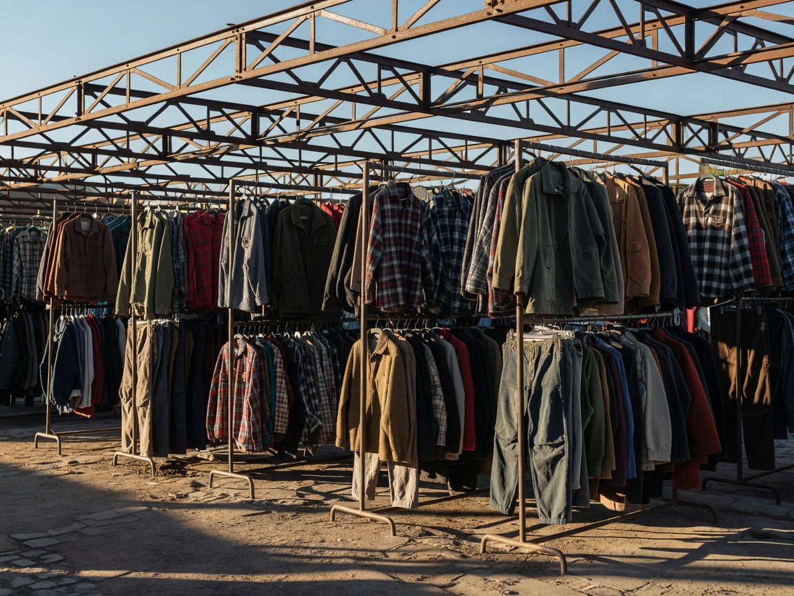 Iron canopy trusses casting geometric shadows across outdoor clothing rails in morning sunlight