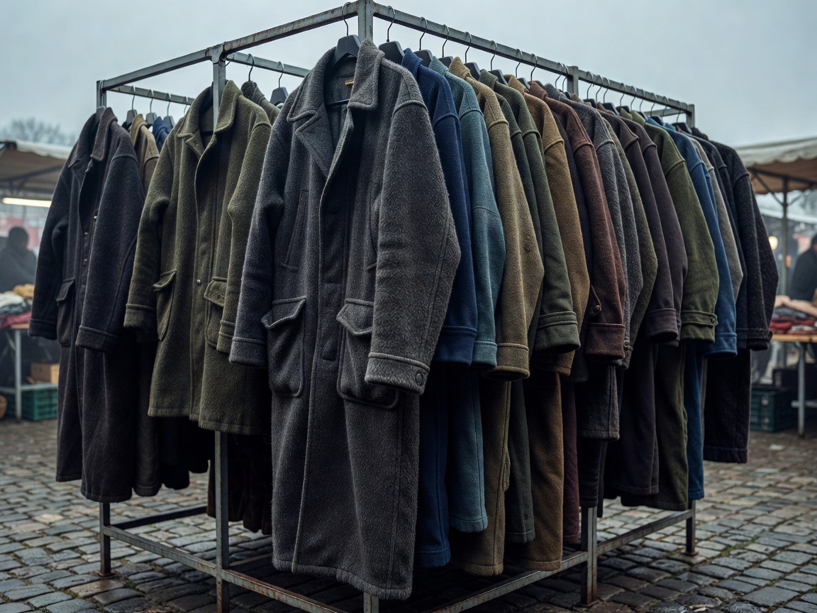 Thick boiled wool coats and structured utilitarian garments hanging on metal outdoor frames