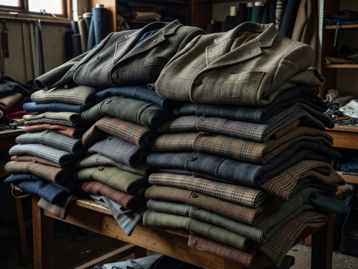 Dense stack of patterned British tweed overcoats and wool blazers showing distinctive herringbone textures