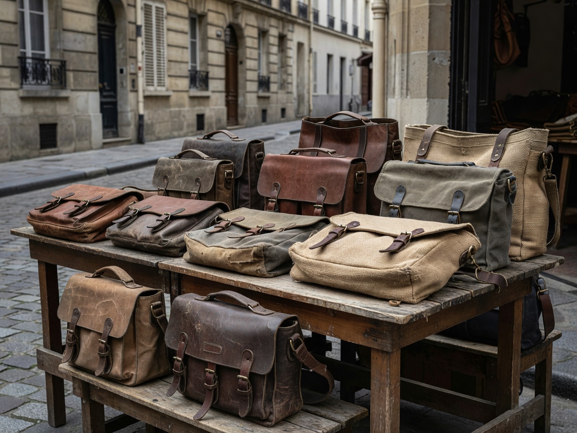 Weathered leather satchels and heavy woven canvas work bags displayed on wooden tables